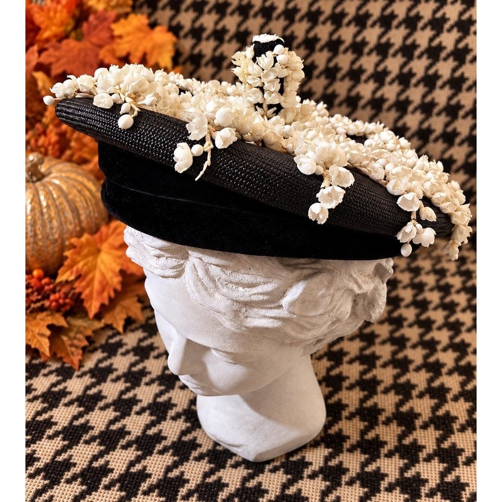 VTG 1950s 60s Michael Terre Floral Hat Black White Pumpkin Fall Fascinator